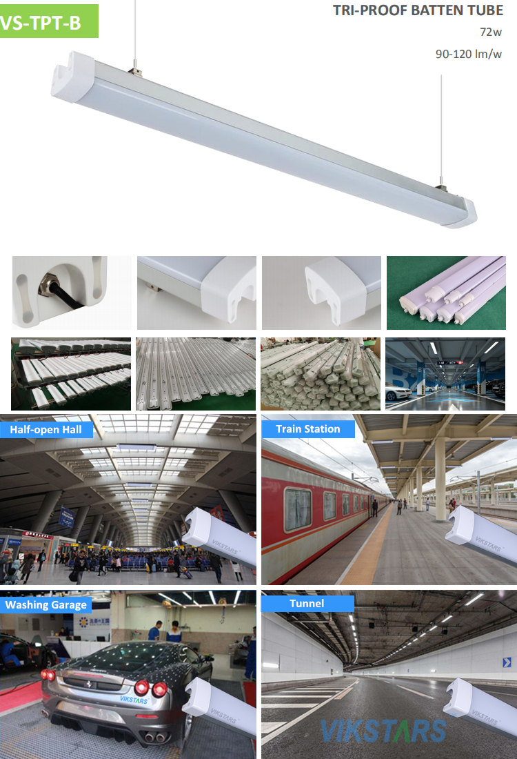 Gray 72W Tri Proof LED Light Batten Waterproof 180deg Beam Angle