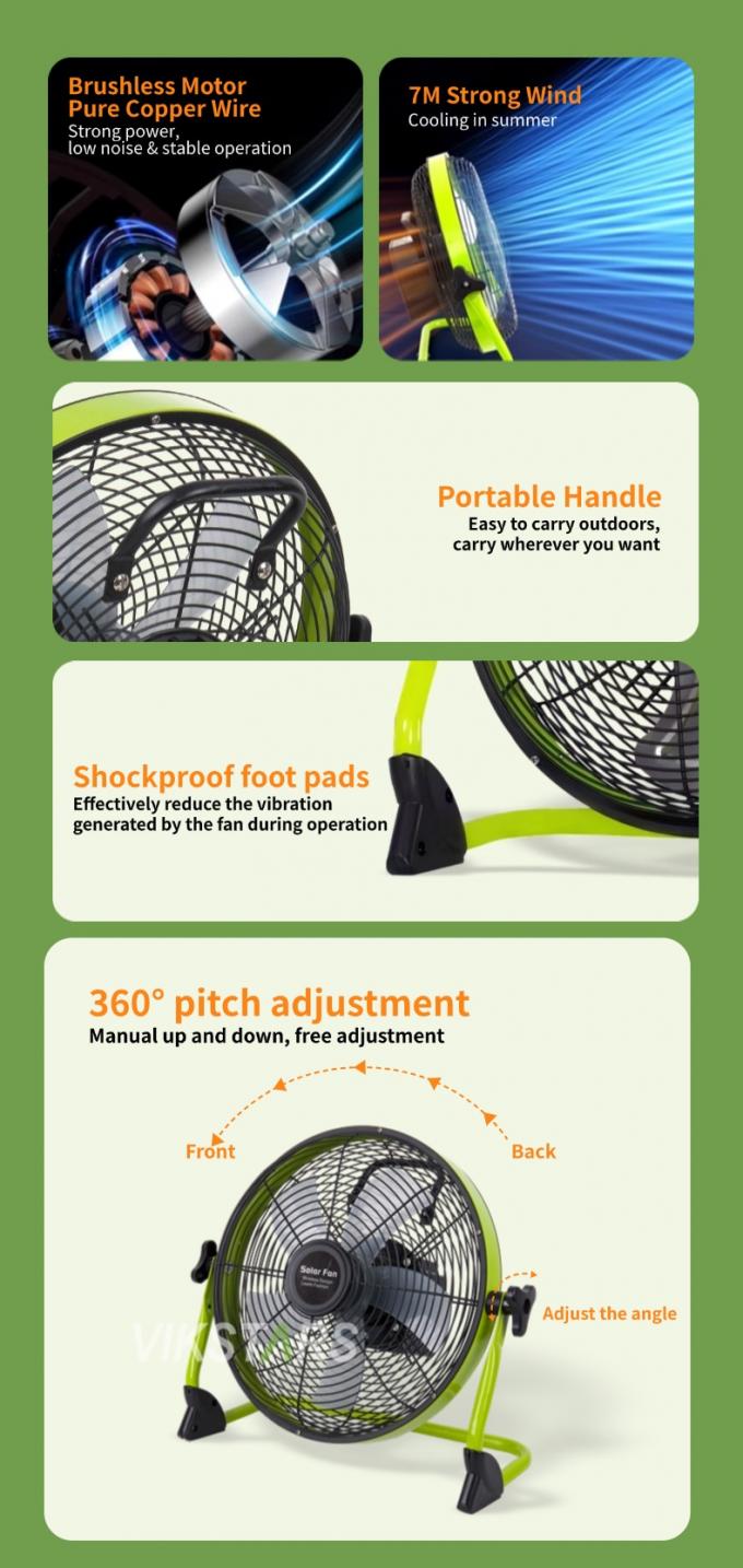 Outdoor Portable Fan Rechargeable Household Emergency 12 Inches 14 Inches Solar Floor Fan Quiet Solar Power Fan 8