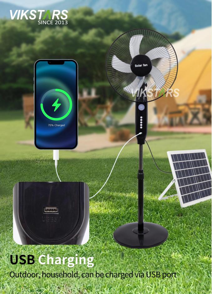 Hot Selling 5-blade 16-Inches Rechargeable Solar Standing Fan with LED Light with Panel and Battery Stand Floor Solar Fan 12