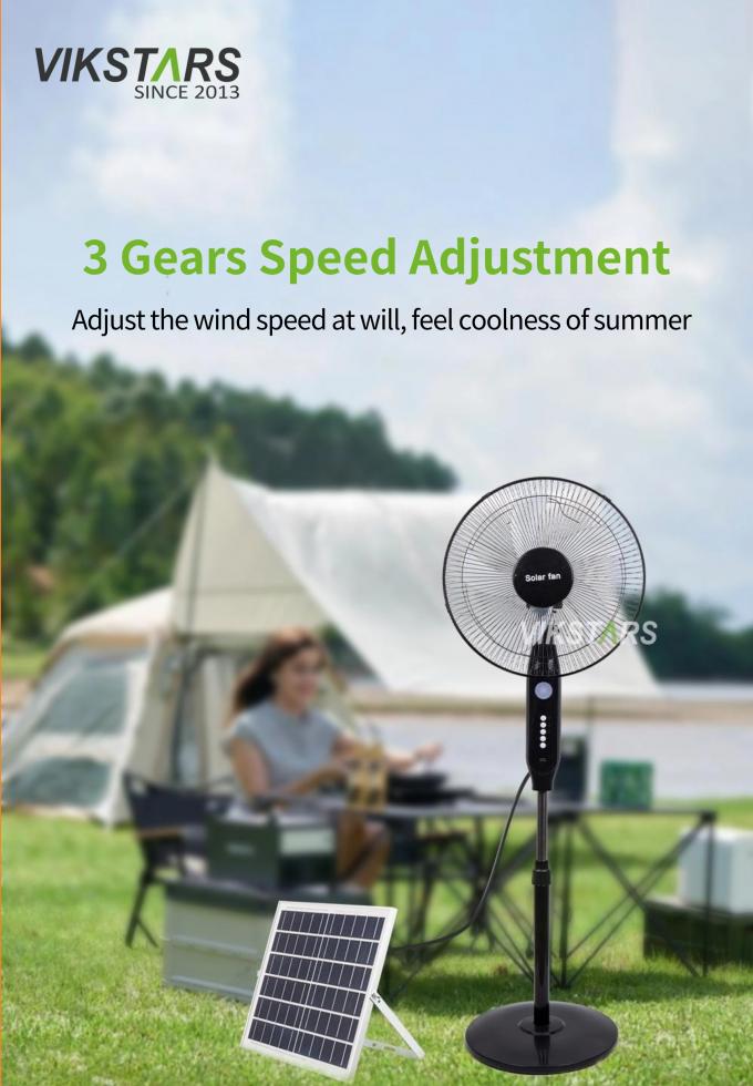 Hot Selling 5-blade 16-Inches Rechargeable Solar Standing Fan with LED Light with Panel and Battery Stand Floor Solar Fan 15